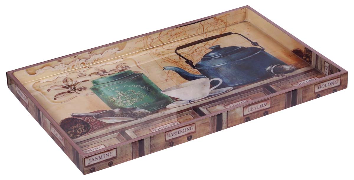 Buy in Bulk Wholesale Serving Tray in MDF - 12” Hand-Crafted Multicolored - Decorative Tray with Enamelled Tea-Set Scene - Classic Serve-Ware/Decor/Gifts from India